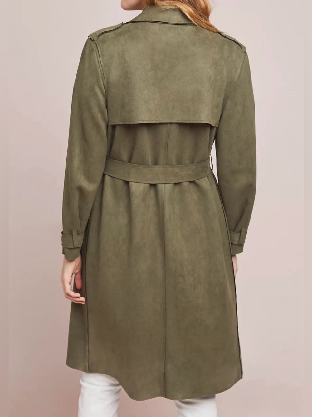 Anthropologie  Olive Green Suede Trench Coat with Belt - Picture 9 of 16